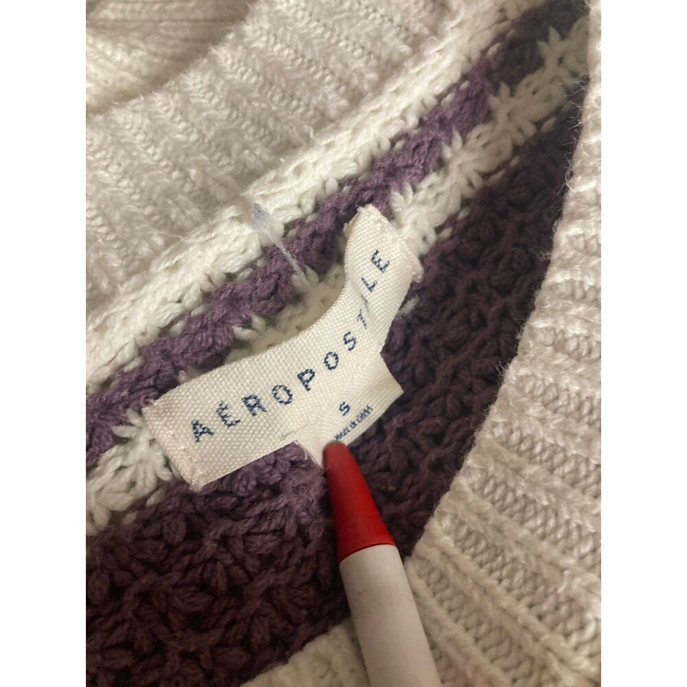 Aeropostale Oversized Sweater Coquette S Pullover Cream Purple Waffle Knit Comfy - Picture 8 of 9